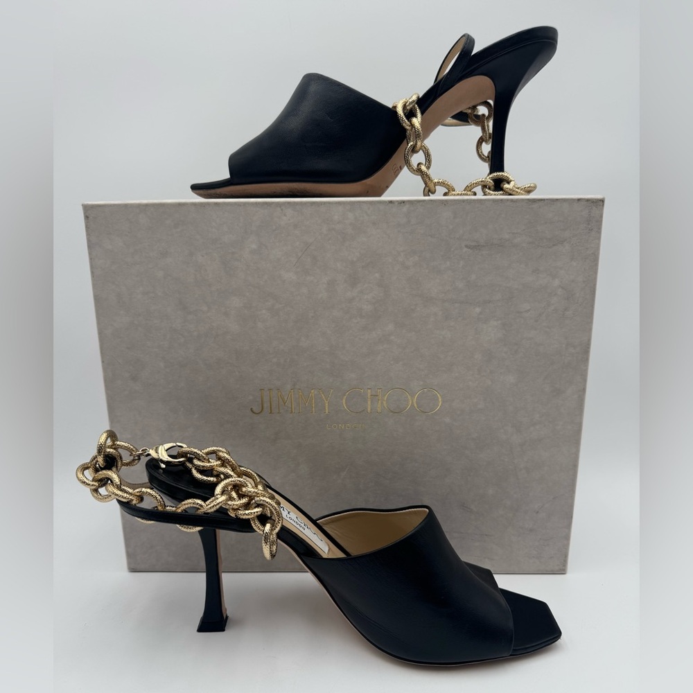 JIMMY CHOO
Sae 90 chain-embellished leather slingback sandals size 9